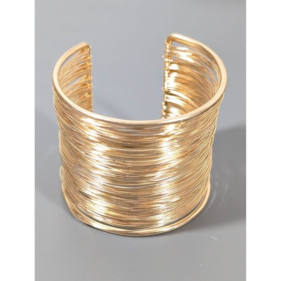 Retro Modernist Gold Tone Wire Wide Cuff Bracelet Bold 6.5" - Picture 2 of 5